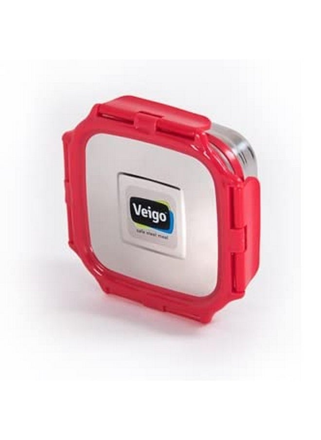 Veigo Original Stainless Steel Medium Snack Box (330 ml)| Airtight & Leakproof| Freezer & Dishwasher Safe| Snacks Box for School|Silicone Ring & Polymer Frame| Safe Lid Lock| Red