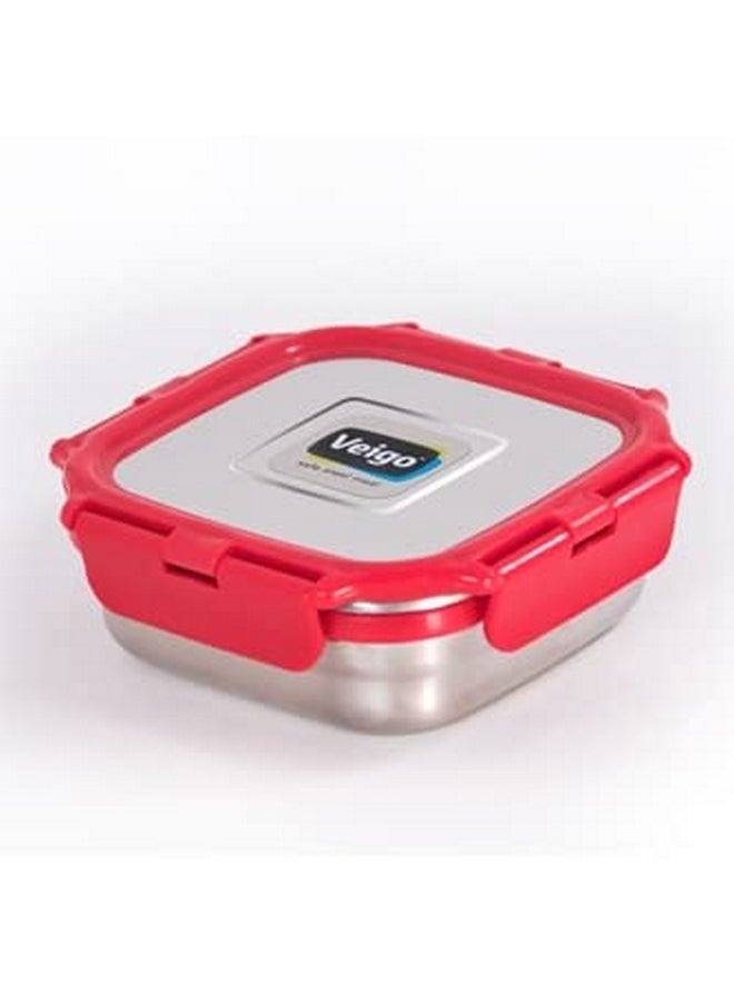 Veigo Original Stainless Steel Medium Snack Box (330 ml)| Airtight & Leakproof| Freezer & Dishwasher Safe| Snacks Box for School|Silicone Ring & Polymer Frame| Safe Lid Lock| Red