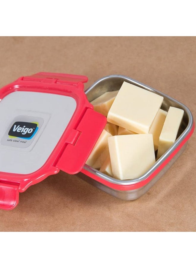 Veigo Original Stainless Steel Medium Snack Box (330 ml)| Airtight & Leakproof| Freezer & Dishwasher Safe| Snacks Box for School|Silicone Ring & Polymer Frame| Safe Lid Lock| Red