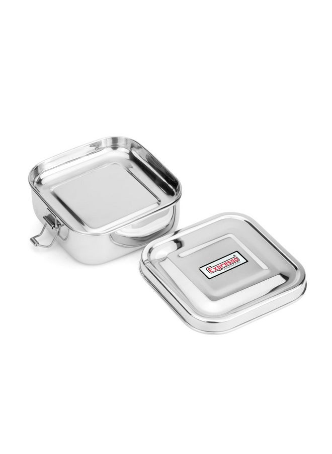 Expresso Steel Tiffin Box for Office | Stainless Steel Lunch Box, 300 ML with Inner Plate | Traditional Design Glossy Finish Steel Box in Silver