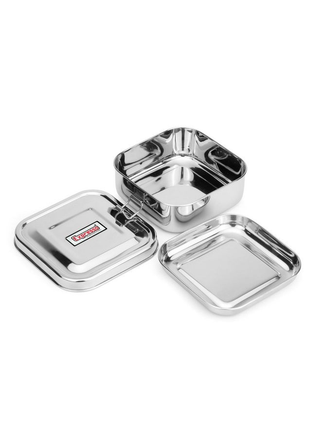 Expresso Steel Tiffin Box for Office | Stainless Steel Lunch Box, 300 ML with Inner Plate | Traditional Design Glossy Finish Steel Box in Silver