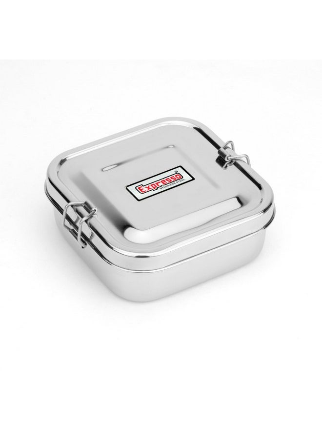 Expresso Steel Tiffin Box for Office | Stainless Steel Lunch Box, 300 ML with Inner Plate | Traditional Design Glossy Finish Steel Box in Silver