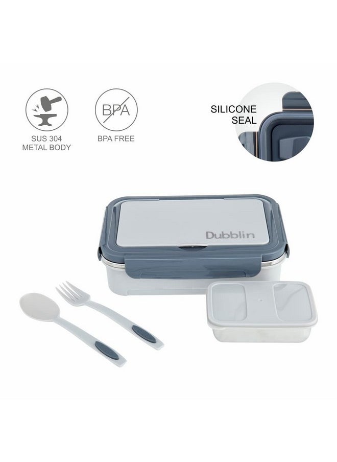 DUBBLIN Buffet Stainless Steel Lunch Box Insulated Airtight Spill Proof with Spoon, Fork & Mini sabzi Container Inside, 850 ml, Grey