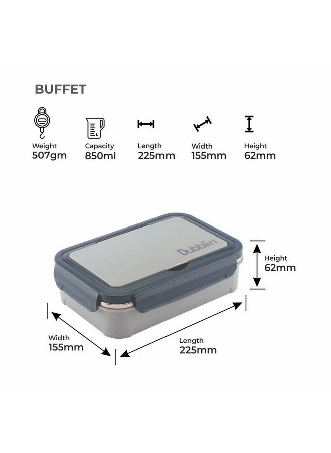 DUBBLIN Buffet Stainless Steel Lunch Box Insulated Airtight Spill Proof with Spoon, Fork & Mini sabzi Container Inside, 850 ml, Grey