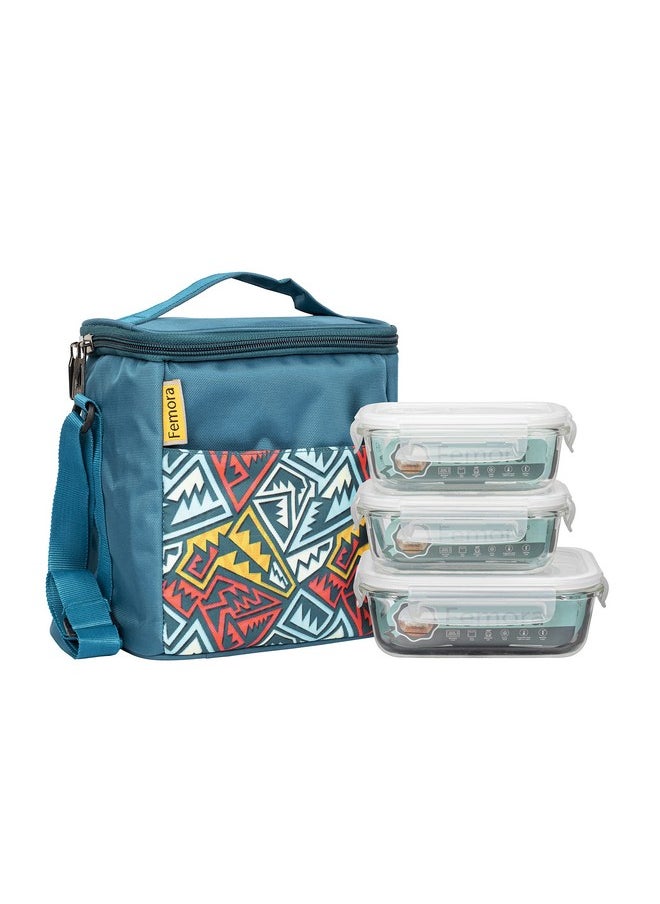 Femora Glass Lunch Box with Bag Set of 3 Containers (Rectangular- 400 ML, Rectangular- 620 ML) Clear, Microwavable Borosilicate Glaas, Ideal for College, Travel Office, Blue