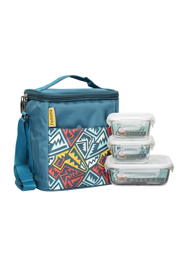 Femora Glass Lunch Box with Bag Set of 3 Containers (Square- 300 ML, Rectangular- 620 ML) Clear, Microwavable Borosilicate Glaas, Ideal for College, Travel Office, Blue