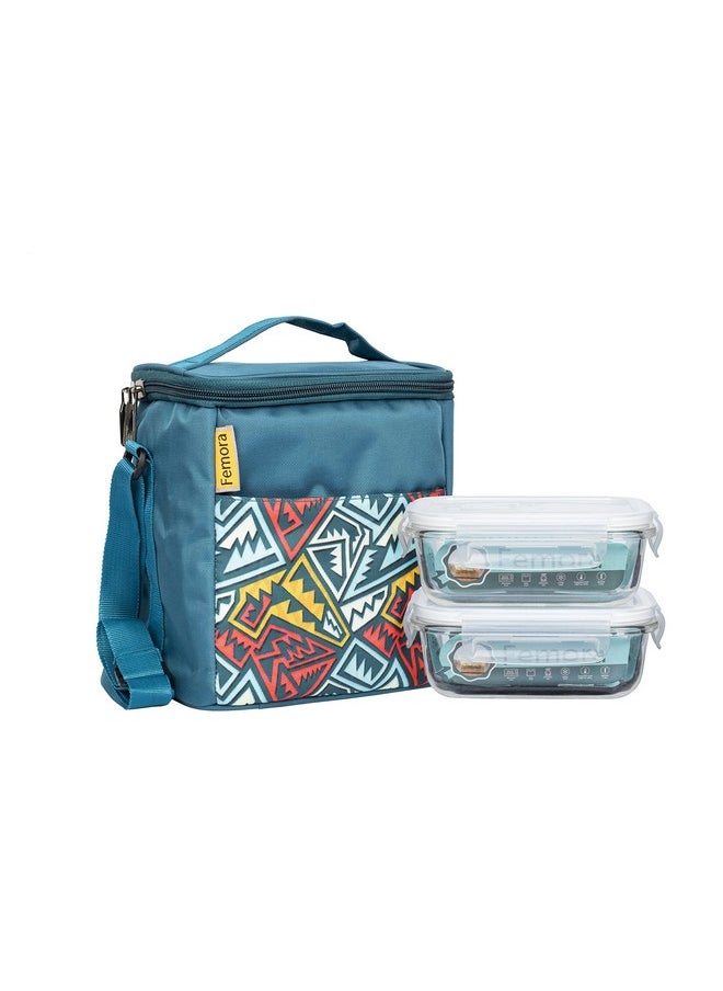 Femora Glass Lunch Box with Bag Set of 2 Containers, Rectangular- 400 ML Each, Clear, Microwavable Borosilicate Glaas, Ideal for College, Travel Office, Blue