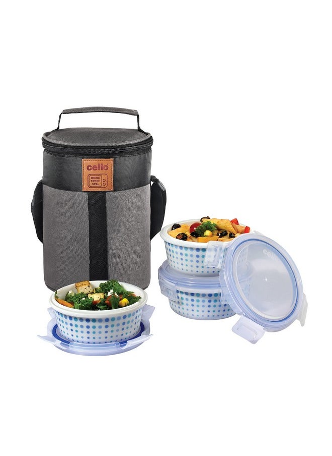 CELLO Cool Dots Opalware Lunch Box with Jacket, 3 Containers Lunch Box, 300ml, White