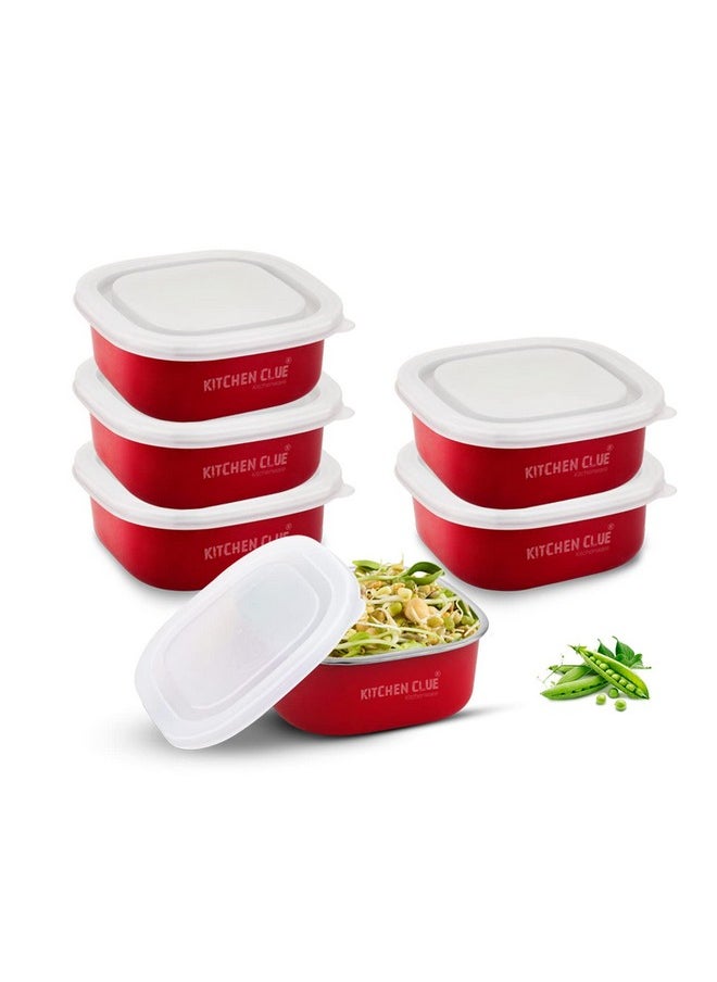 KITCHEN CLUE Microwave Safe Stainless Steel Container With Lids I Pack Of 6 Pcs, Red - 350 Ml Each I Leak Proof Lunch Box For Office School Home Bpa Free Use For Kids & Adults, 11 Cm