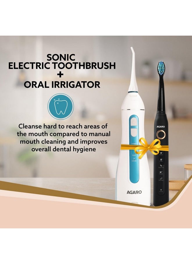 AGARO Cosmic Plus Sonic Tooth Brush Black & Ultra Portable Oral Irigator 200 ML White & Blue, Combo