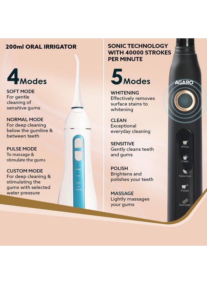 AGARO Cosmic Plus Sonic Tooth Brush Black & Ultra Portable Oral Irigator 200 ML White & Blue, Combo