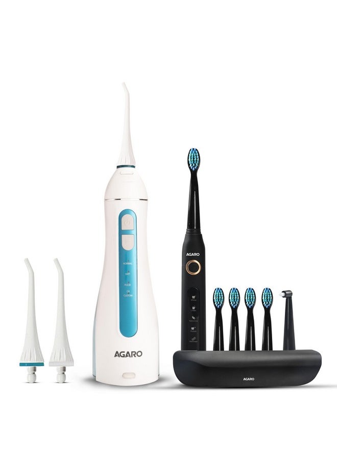 AGARO Cosmic Plus Sonic Tooth Brush Black & Ultra Portable Oral Irigator 200 ML White & Blue, Combo