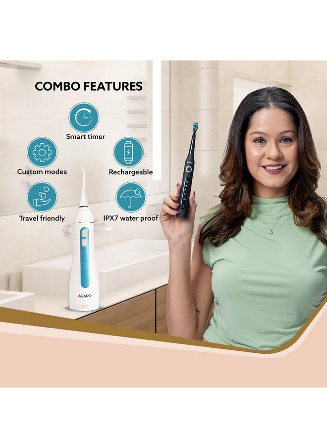 AGARO Cosmic Plus Sonic Tooth Brush Black & Ultra Portable Oral Irigator 200 ML White & Blue, Combo