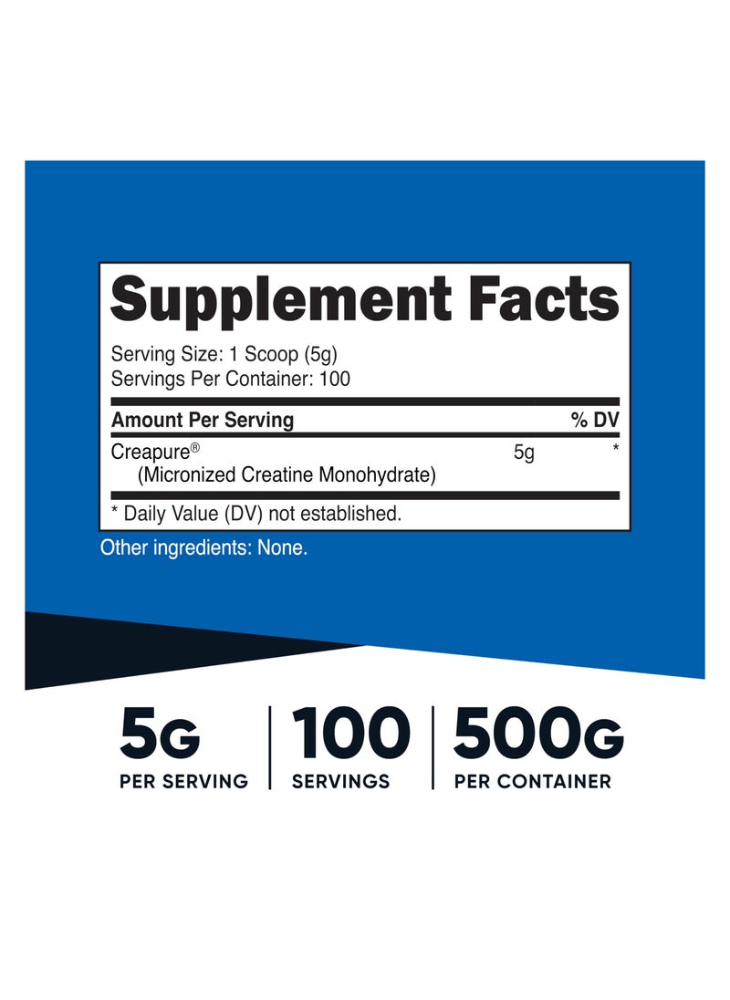 Creatine Monohydrate - Made With Creapure 19EU20 , 5G Per Serving, 100 Servings, 500 G Per Container Net Wt 17.9 Oz