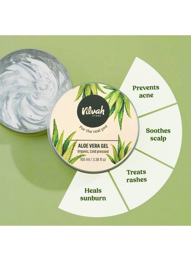 Vilvah Store Aloe Vera Gel with 99% Pure Natural Aloe Vera for Face, Styling Gel for Hair, Skin Moisturizer, Hydrates and Soothes with Vitamin E and No Paraben, 100g (Pack of 2)