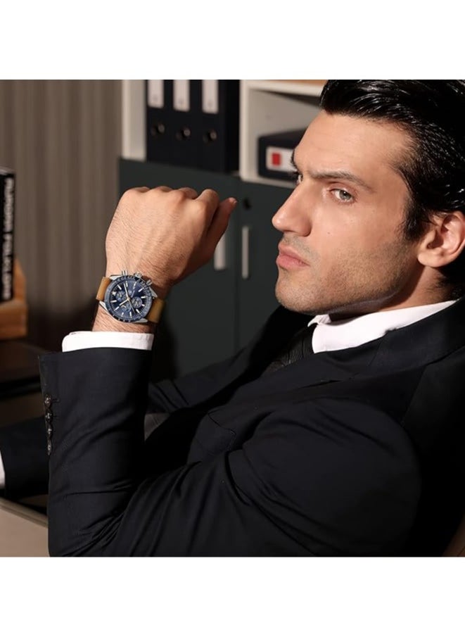 Mens Watch Waterproof Chronograph Date Watch for Men Brown Leather Strap Quartz Movement Analog Watch Business Casual Gift for Men