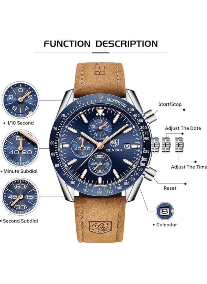 Mens Watch Waterproof Chronograph Date Watch for Men Brown Leather Strap Quartz Movement Analog Watch Business Casual Gift for Men