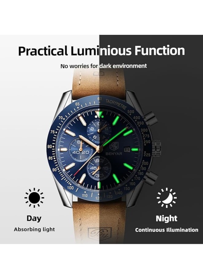 Mens Watch Waterproof Chronograph Date Watch for Men Brown Leather Strap Quartz Movement Analog Watch Business Casual Gift for Men