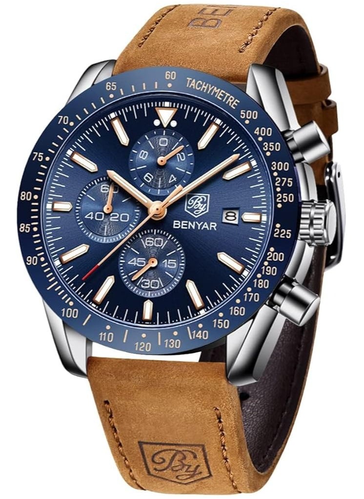 Mens Watch Waterproof Chronograph Date Watch for Men Brown Leather Strap Quartz Movement Analog Watch Business Casual Gift for Men