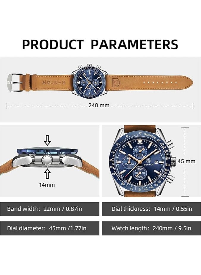 Mens Watch Waterproof Chronograph Date Watch for Men Brown Leather Strap Quartz Movement Analog Watch Business Casual Gift for Men