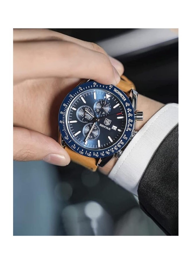 Mens Watch Waterproof Chronograph Date Watch for Men Brown Leather Strap Quartz Movement Analog Watch Business Casual Gift for Men