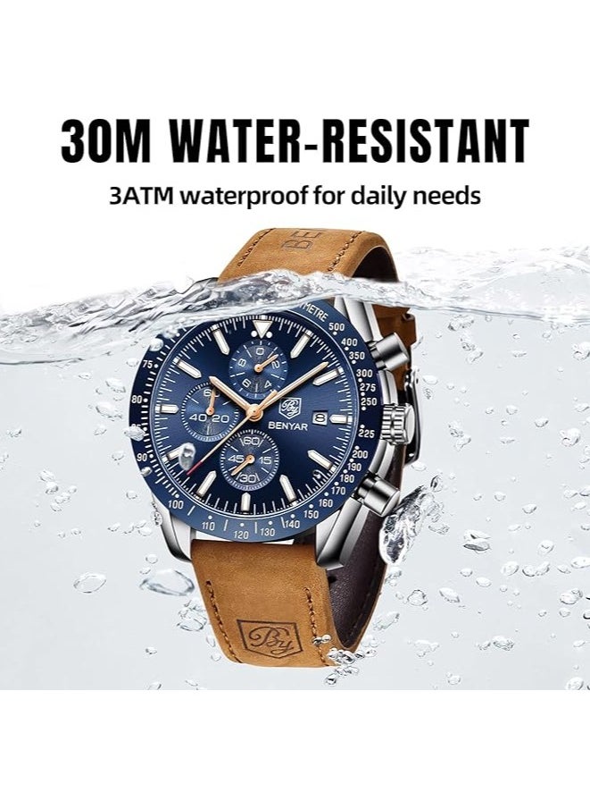 Mens Watch Waterproof Chronograph Date Watch for Men Brown Leather Strap Quartz Movement Analog Watch Business Casual Gift for Men