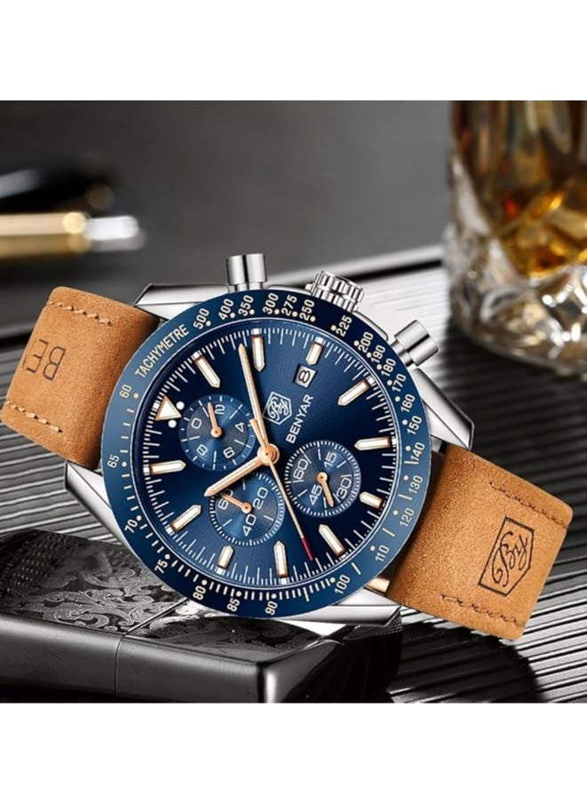 Mens Watch Waterproof Chronograph Date Watch for Men Brown Leather Strap Quartz Movement Analog Watch Business Casual Gift for Men