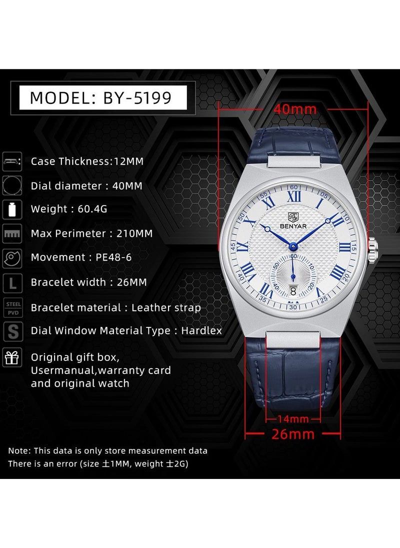 Mens Watch Waterproof Chronograph Date Watch for Men Leather Strap Quartz Movement Analog Watch Business Casual Gift for Men