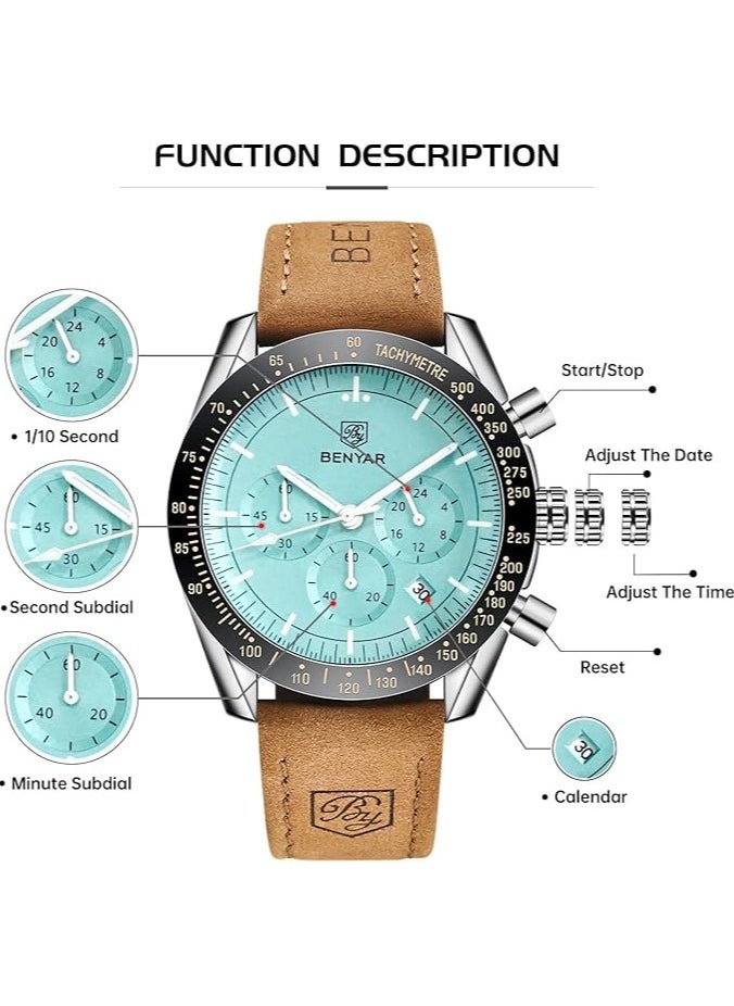 Mens Watch Waterproof Chronograph Date Watch for Men Brown Leather Strap Quartz Movement Analog Watch Business Casual Gift for Men