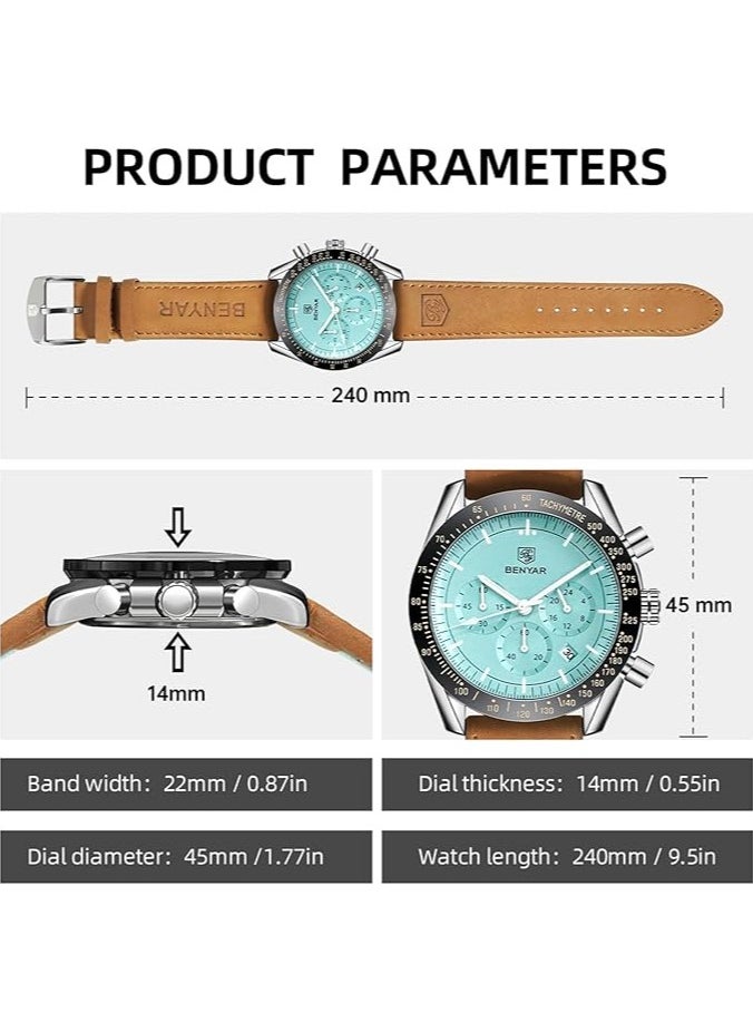 Mens Watch Waterproof Chronograph Date Watch for Men Brown Leather Strap Quartz Movement Analog Watch Business Casual Gift for Men