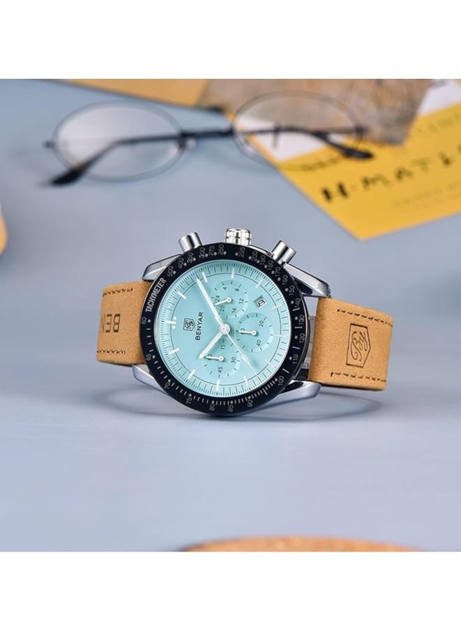 Mens Watch Waterproof Chronograph Date Watch for Men Brown Leather Strap Quartz Movement Analog Watch Business Casual Gift for Men