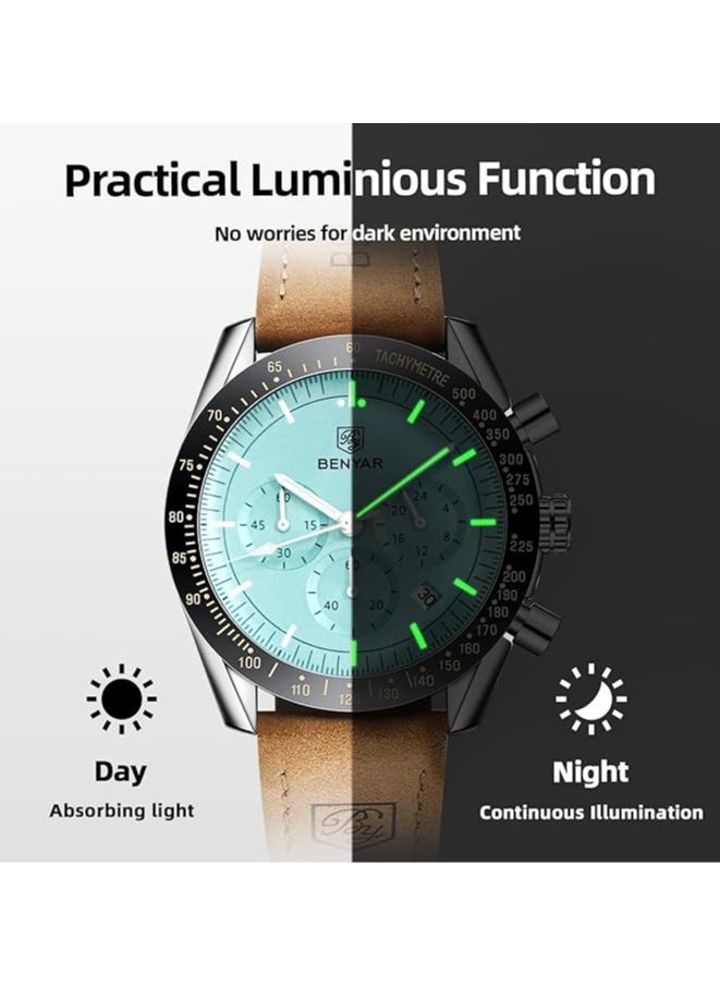 Mens Watch Waterproof Chronograph Date Watch for Men Brown Leather Strap Quartz Movement Analog Watch Business Casual Gift for Men