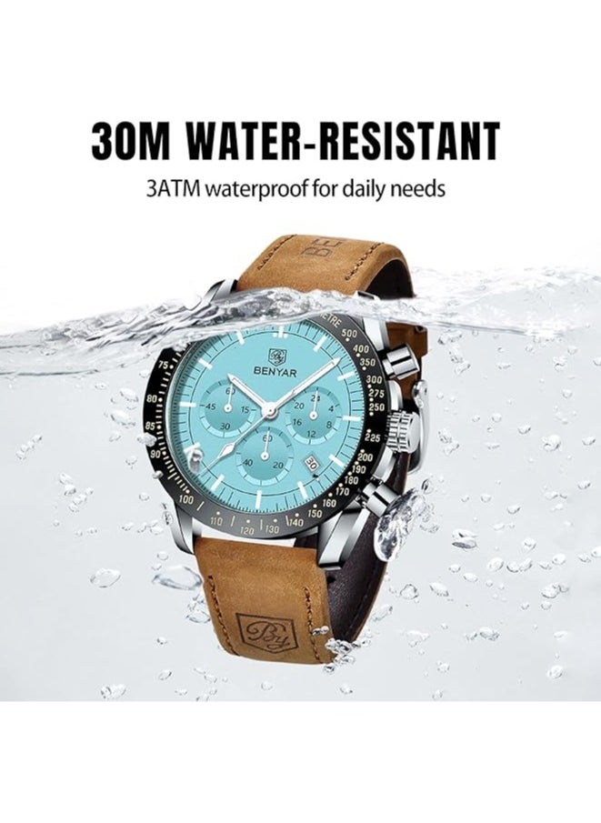 Mens Watch Waterproof Chronograph Date Watch for Men Brown Leather Strap Quartz Movement Analog Watch Business Casual Gift for Men