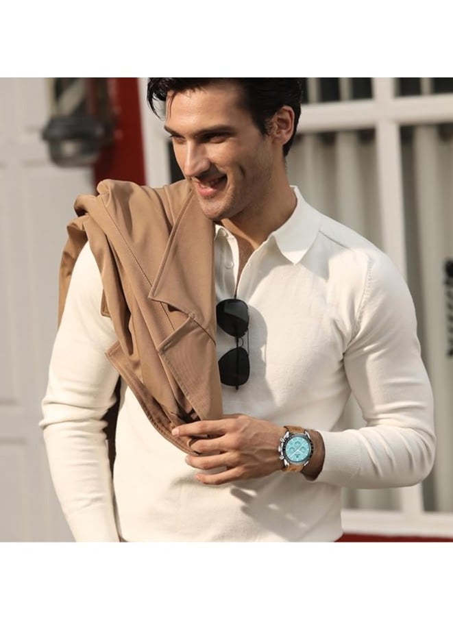 Mens Watch Waterproof Chronograph Date Watch for Men Brown Leather Strap Quartz Movement Analog Watch Business Casual Gift for Men