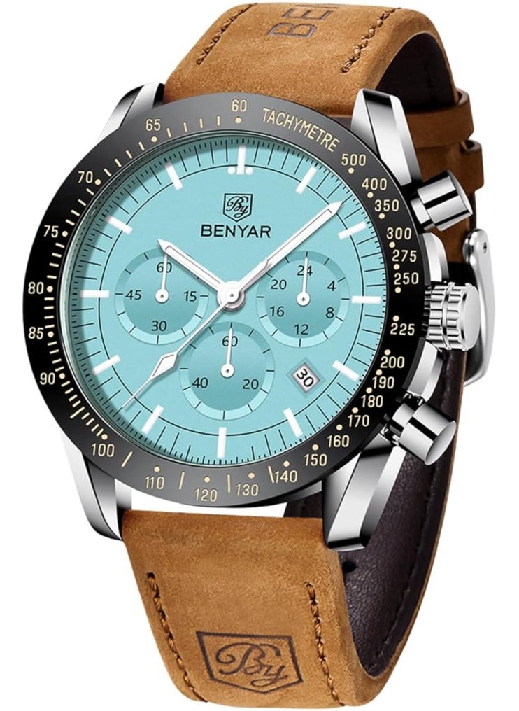Mens Watch Waterproof Chronograph Date Watch for Men Brown Leather Strap Quartz Movement Analog Watch Business Casual Gift for Men