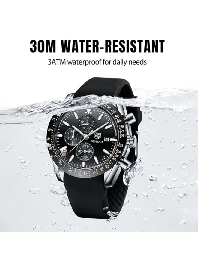 Mens Watch Waterproof Chronograph Date Watch for Men Rubber Strap Quartz Movement Analog Watch Business Casual Gift for Men