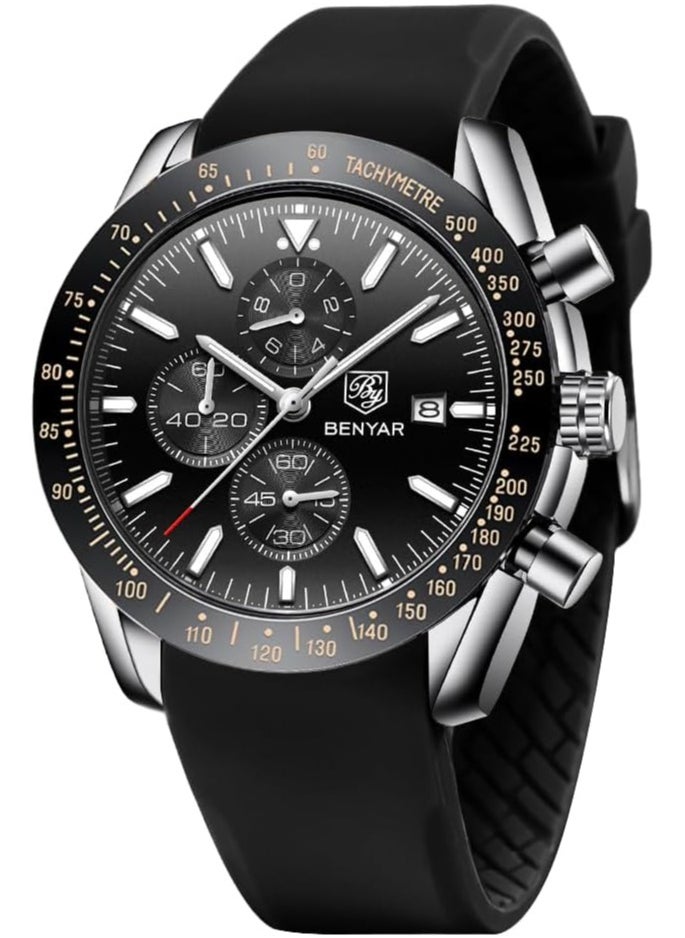 Mens Watch Waterproof Chronograph Date Watch for Men Rubber Strap Quartz Movement Analog Watch Business Casual Gift for Men