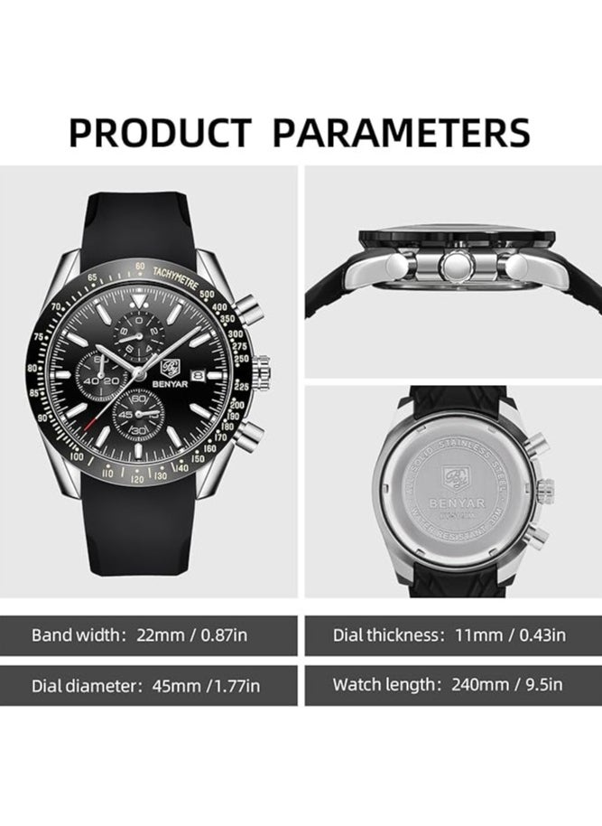 Mens Watch Waterproof Chronograph Date Watch for Men Rubber Strap Quartz Movement Analog Watch Business Casual Gift for Men