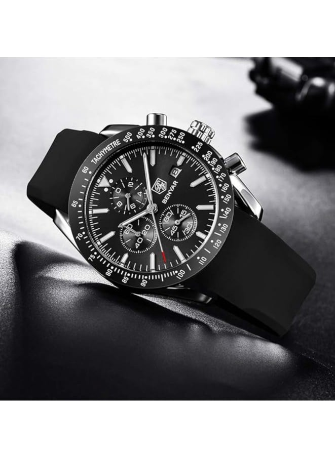 Mens Watch Waterproof Chronograph Date Watch for Men Rubber Strap Quartz Movement Analog Watch Business Casual Gift for Men