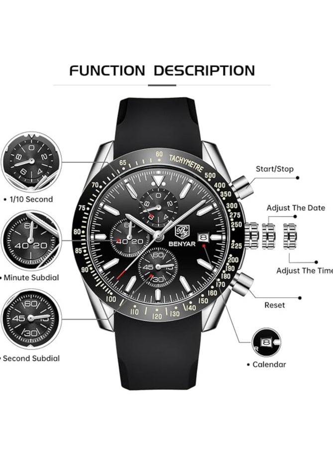 Mens Watch Waterproof Chronograph Date Watch for Men Rubber Strap Quartz Movement Analog Watch Business Casual Gift for Men