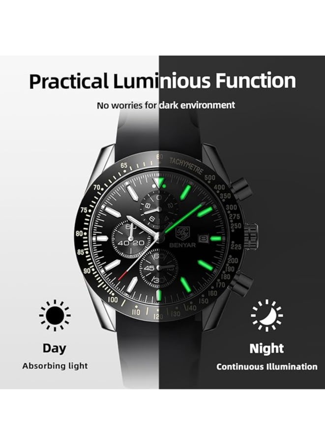 Mens Watch Waterproof Chronograph Date Watch for Men Rubber Strap Quartz Movement Analog Watch Business Casual Gift for Men