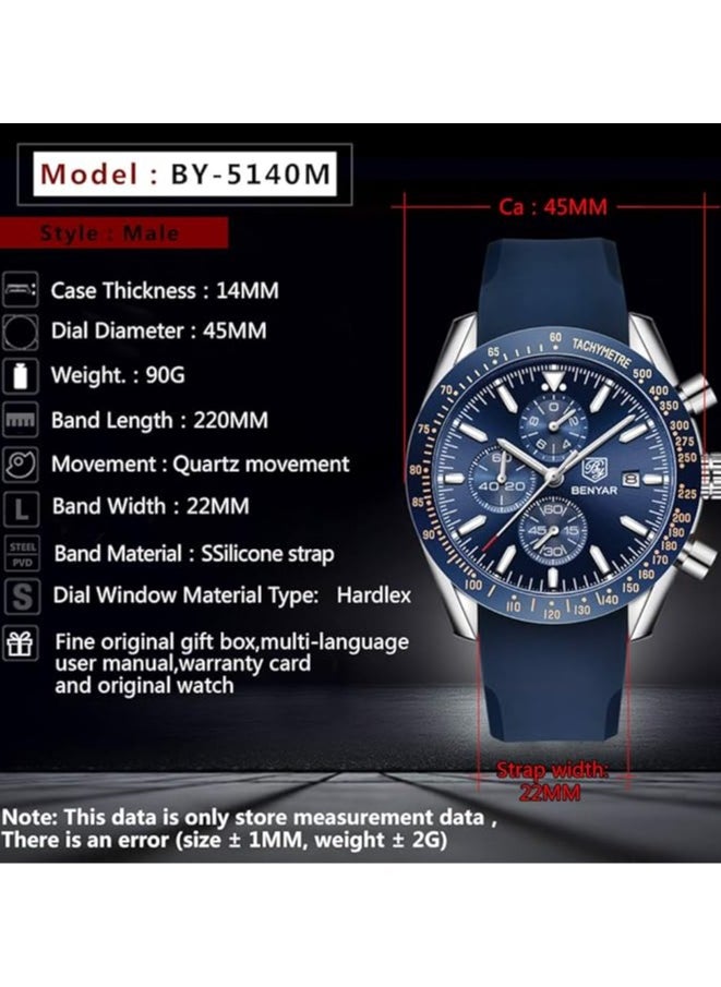 Mens Watch Waterproof Chronograph Date Watch for Men Rubber Strap Quartz Movement Analog Watch Business Casual Gift for Men