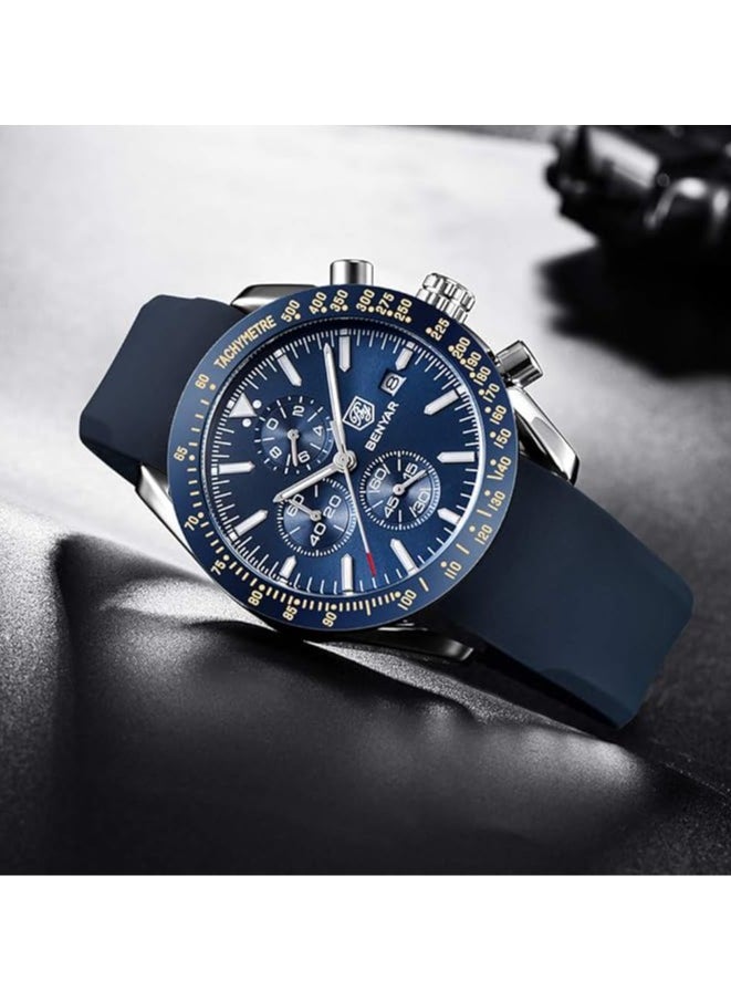 Mens Watch Waterproof Chronograph Date Watch for Men Rubber Strap Quartz Movement Analog Watch Business Casual Gift for Men