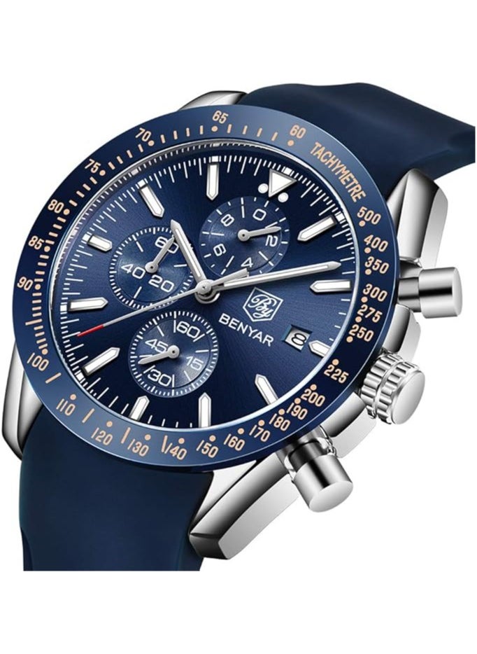 Mens Watch Waterproof Chronograph Date Watch for Men Rubber Strap Quartz Movement Analog Watch Business Casual Gift for Men