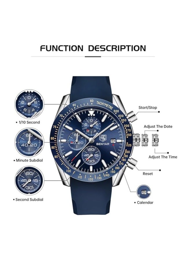 Mens Watch Waterproof Chronograph Date Watch for Men Rubber Strap Quartz Movement Analog Watch Business Casual Gift for Men