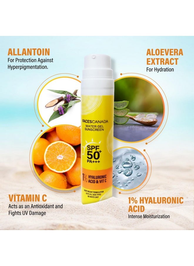 FACES CANADA Water Gel Sunscreen, 50g | SPF 50 PA+++ | Protects From UVA, UVB & Blue-Light Rays | 1% Hyaluronic Acid & Vitamin C | Lightweight | No White Cast | Natural Radiant Glow| No Alcohol