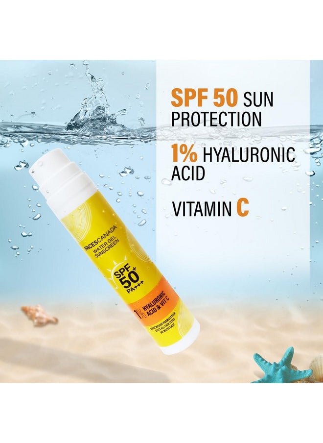 FACES CANADA Water Gel Sunscreen, 50g | SPF 50 PA+++ | Protects From UVA, UVB & Blue-Light Rays | 1% Hyaluronic Acid & Vitamin C | Lightweight | No White Cast | Natural Radiant Glow| No Alcohol