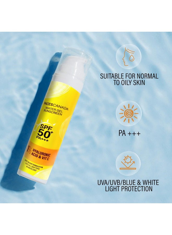 FACES CANADA Water Gel Sunscreen, 50g | SPF 50 PA+++ | Protects From UVA, UVB & Blue-Light Rays | 1% Hyaluronic Acid & Vitamin C | Lightweight | No White Cast | Natural Radiant Glow| No Alcohol