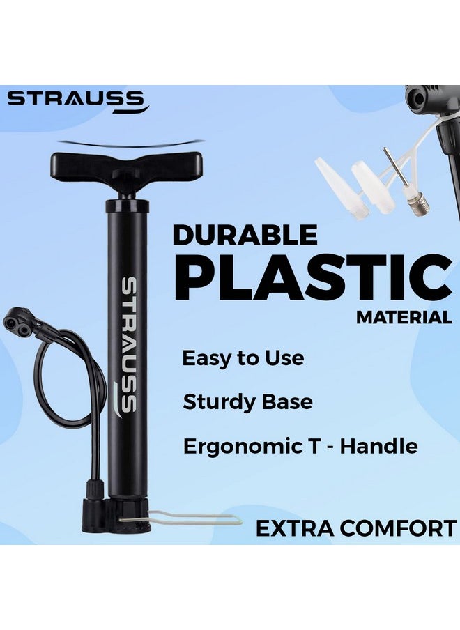 Strauss Bicycle Air Pump with Needle & Dual Valve | 30 CM Long | Portable Pump with 2 Modes, Ideal for Inflating Bicycle, Swimming Rings | Sturdy Base & Ergonomic Handle, (Black)