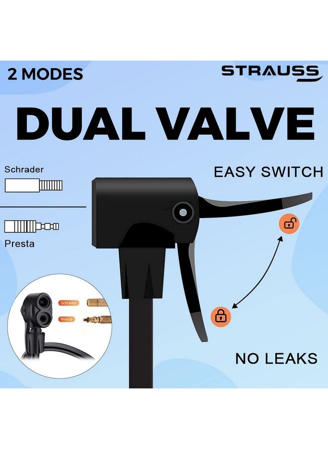 Strauss Bicycle Air Pump with Needle & Dual Valve | 30 CM Long | Portable Pump with 2 Modes, Ideal for Inflating Bicycle, Swimming Rings | Sturdy Base & Ergonomic Handle, (Black)